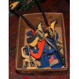 A box of various clamps by Record, Carver and Paramo etc.