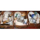 Three boxes of miscellaneous ceramics, glass and pottery dinnerware, cabinet plates, storage jars