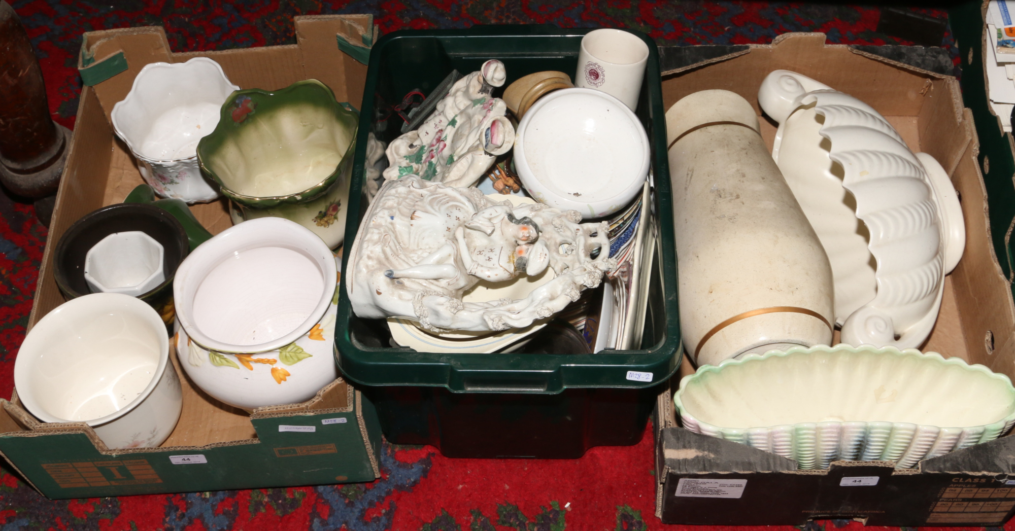 Three boxes of miscellaneous ceramics including Sylvac, Staffordshire flatbacks, Masons,