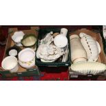 Three boxes of miscellaneous ceramics including Sylvac, Staffordshire flatbacks, Masons,