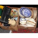 Two boxes of miscellaneous to include stoneware, Crown Devon teawares, cabinet plates, Dansette