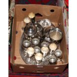 A box of silver plate to include teapot, coffee pot, tray etc