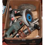 A box of tools to include Black & Decker Proline 230mm disc cutter, Black & Decker angle grinder and