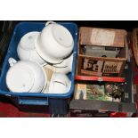 Two boxes of miscellaneous to include chamber pots, ladybird books, cased Allbrit Planimeter, silver