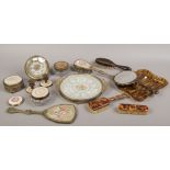 A group of vintage dressing table items to include gilt, floral and tortoise shell effect examples.