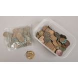 A box of British pre-decimal coins, mainly pennies to include Victorian silver crown brooch.