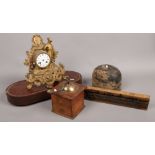 A collection of wooden items etc including a French gilt spelter mantle clock and coffee grinder.