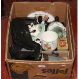 A box of miscellaneous and collectables including vintage toys, Wedgwood, silver plate, tins,