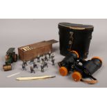 A box of collectables including a pair of cased Swift 8 x 40 binoculars, a Cammell & Co. Ltd cut