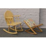 A child's wooden rocking chair, along with a folding gout stool.