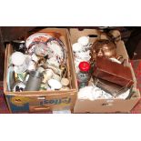 Two boxes of miscellaneous including bone china teawares Wedgwood, ornaments, metalwares etc.
