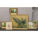 A gilt framed floral print along with four oil on canvas with various signatures.