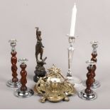 Two pairs of oak barleytwist candlesticks, gilt metal rococo encrier, Spelter figure and a