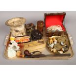 A tray of collectables to include vintage brass pad locks, boxed meerschaum pipes, Carlton crested