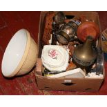 A box of miscellaneous to include Royal Doulton dinnerware's, metalware, carved wooden items etc.