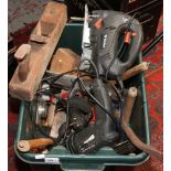 A box of tools to include Wickes power drill, Mallet, smooth plane Wickes jigsaw etc.