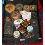 A box of trinket boxes to include ceramic, wooden, metal examples.