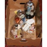 A box of miscellaneous to include glass dome dolls, brass tray, vintage top trumps etc.