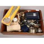 A box of collectables to include railway buttons, wristwatches, napkin rings, badges etc.