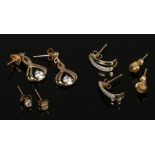 Four pairs of 9ct gold earrings including white paste set examples, 3.4 grams gross.