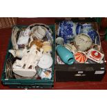 Two boxes of miscellaneous to include cabinet plates, Sadler teapots, blue and white etc.