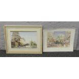 A framed watercolour rural Autumn scene, along with an unframed print busy market square Jeddah