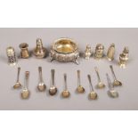 A collection of hall marked silver to include cruets, spoons and large salt, 410 grams total