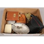 A small group of collectables to include ladies Bulova wristwatch, brass fly match strike, hip flask