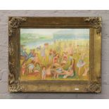 Margery I Watts gilt framed watercolour, beach scene with figures, monogrammed.