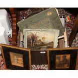 A box of miscellaneous collectables oak picture frames, coloured glass, pair of gilt framed