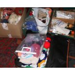 Three boxes and a suitcase of sewing and knitting equipment to include a large quantity of wool