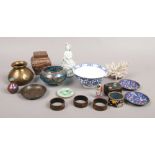 A box of collectables including Chinese porcelain, cloisonne and a natural coral specimen.