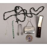 A quantity of mostly costume jewellery including enamel brooch, gold plated stick pin with white