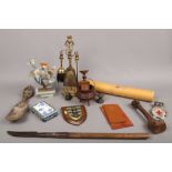A collection of wooden items, metalwares and collectables including African carvings, fireside