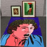 A framed A. Dalla Costa print, along with a painted poster of a male musician and a framed