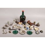 A box of collectables carved hardwood novelty nut cracker, enamelled pin dishes, silver topped