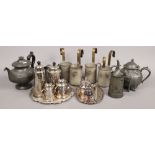 A collection of metalwares to include Swatow pierced tankard, silver plate tea set, pewter and brass