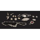 A quantity of marcasite jewellery to include brooch, necklace, ring, screwback earrings etc.