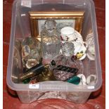 A box of miscellaneous including a vintage brass blow torch, Denby, cut glass decanters, bone