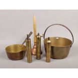 A quantity of collectable metalwares including Turkish brass coffee / spice grinders, brass jam pan,