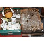 Two boxes of mixed ceramics and glass including Edwardian etched drinking glasses, Denby, Johnson