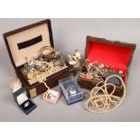 Two boxes of mixed costume jewellery and wristwatches.