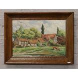 C. Kaye. A mid 20th century oil on board in oak frame, rural landscape with cottages and cattle,