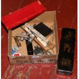 A box of miscellaneous to include hip flasks, opera glasses, lacquered box, miniature miners lamp