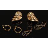 Three pairs of 9ct gold earrings, 3.8 grams.