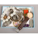 A tray of collectables including a silver pendant and chain, swan vesta key ring, coin bracelet,