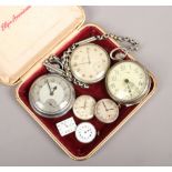 Three pocket watches, single Albert watch chain and four wristwatch movements one quartz.Condition
