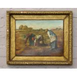 A gilt framed oil on canvas harvest scene with women in the foreground.