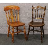 A Victorian spindle back chair with fan pattern seat and poker work cresting rail, along with an ash