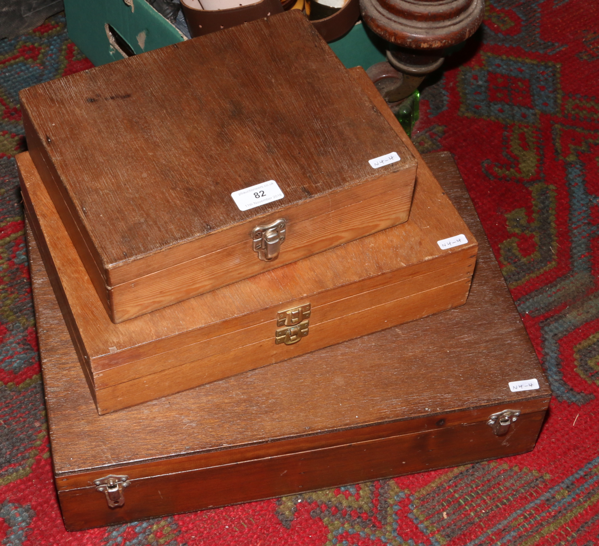 Three wooden fishing / tackle boxes to include two hand made fishing priests.